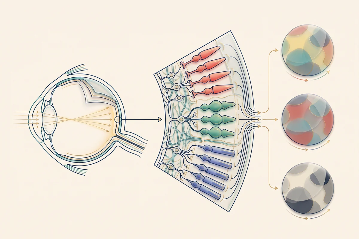 Ilustração clínica original mostrando o percurso da luz até a retina, três tipos de cones e representações abstratas de diferentes padrões de percepção de cores.