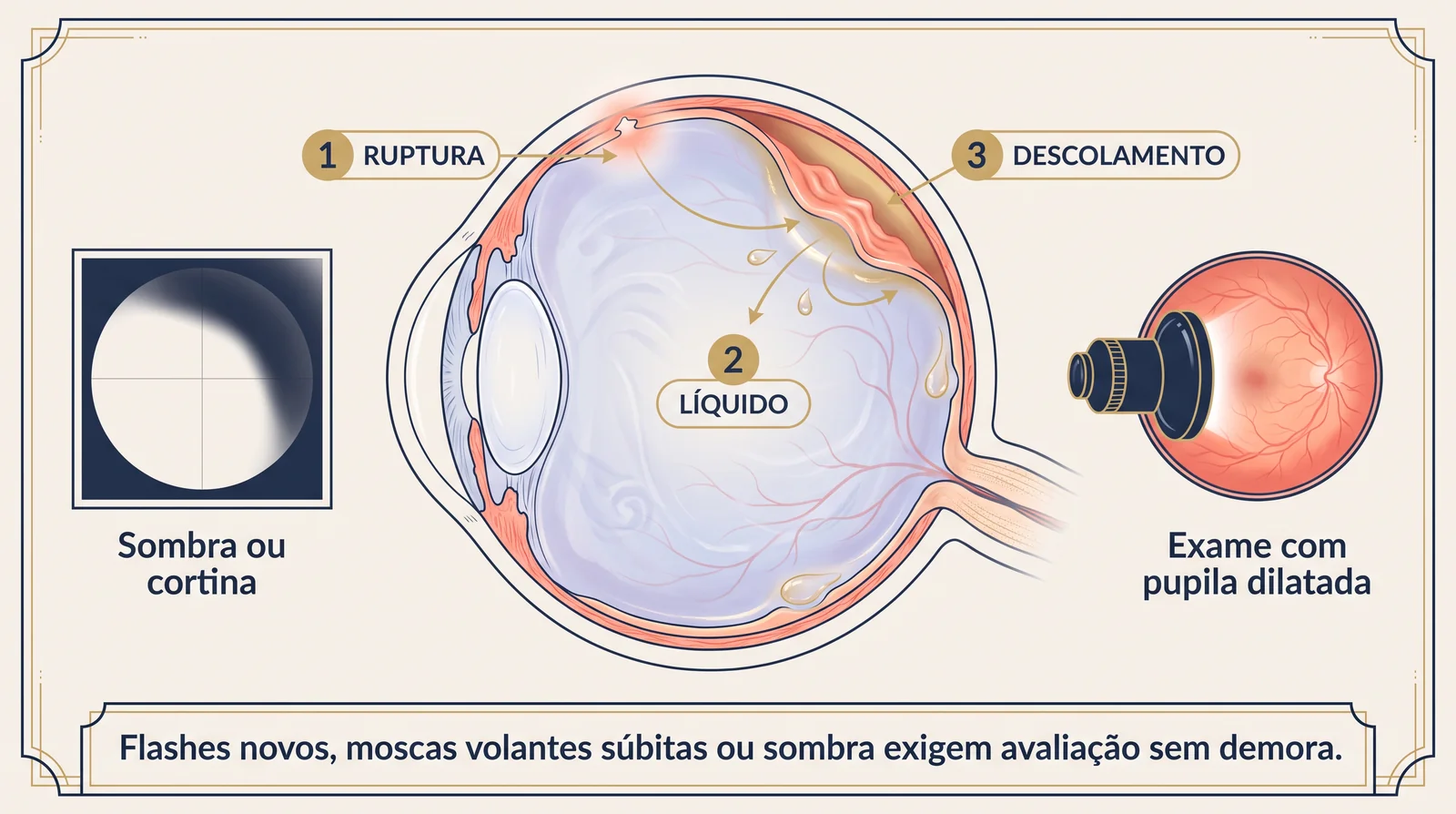 Prancha clínica mostrando uma ruptura na retina, passagem de líquido, elevação da retina, sombra em forma de cortina no campo visual e avaliação com pupila dilatada