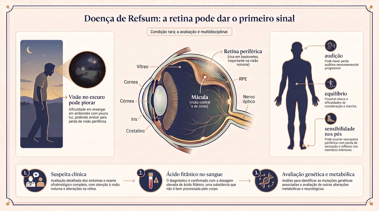 Prancha clínica sobre doença de Refsum, com retina, visão noturna, sinais sistêmicos e etapas da investigação diagnóstica