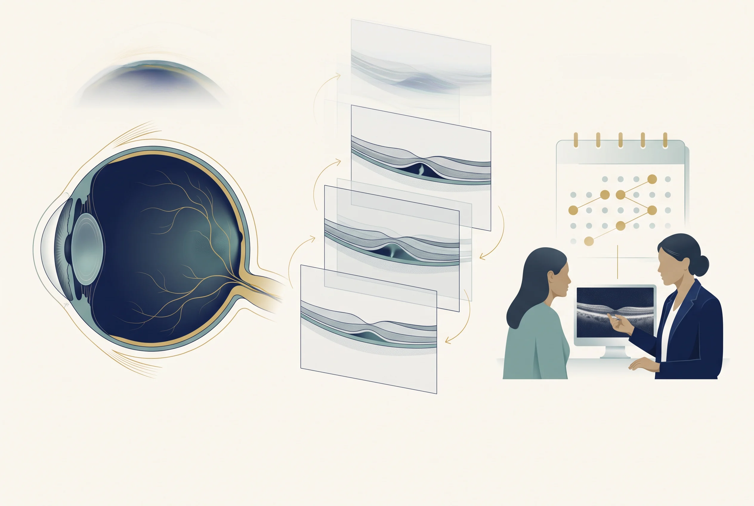 Ilustração clínica da retina, do OCT e do acompanhamento de uma doença macular tratada com injeção intravítrea