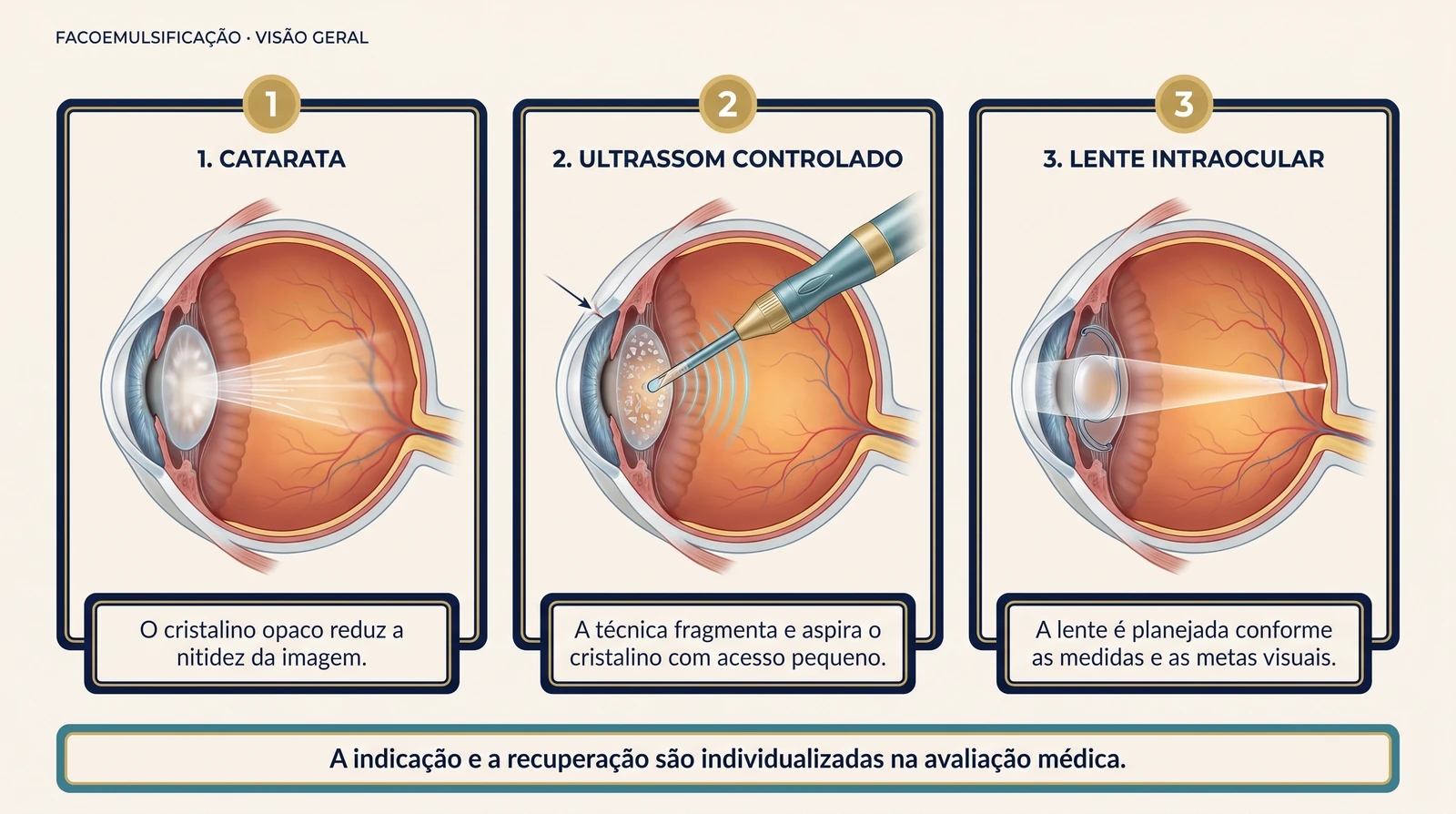 Prancha anatômica em três etapas mostrando cristalino opaco, fragmentação por ultrassom e lente intraocular após facoemulsificação