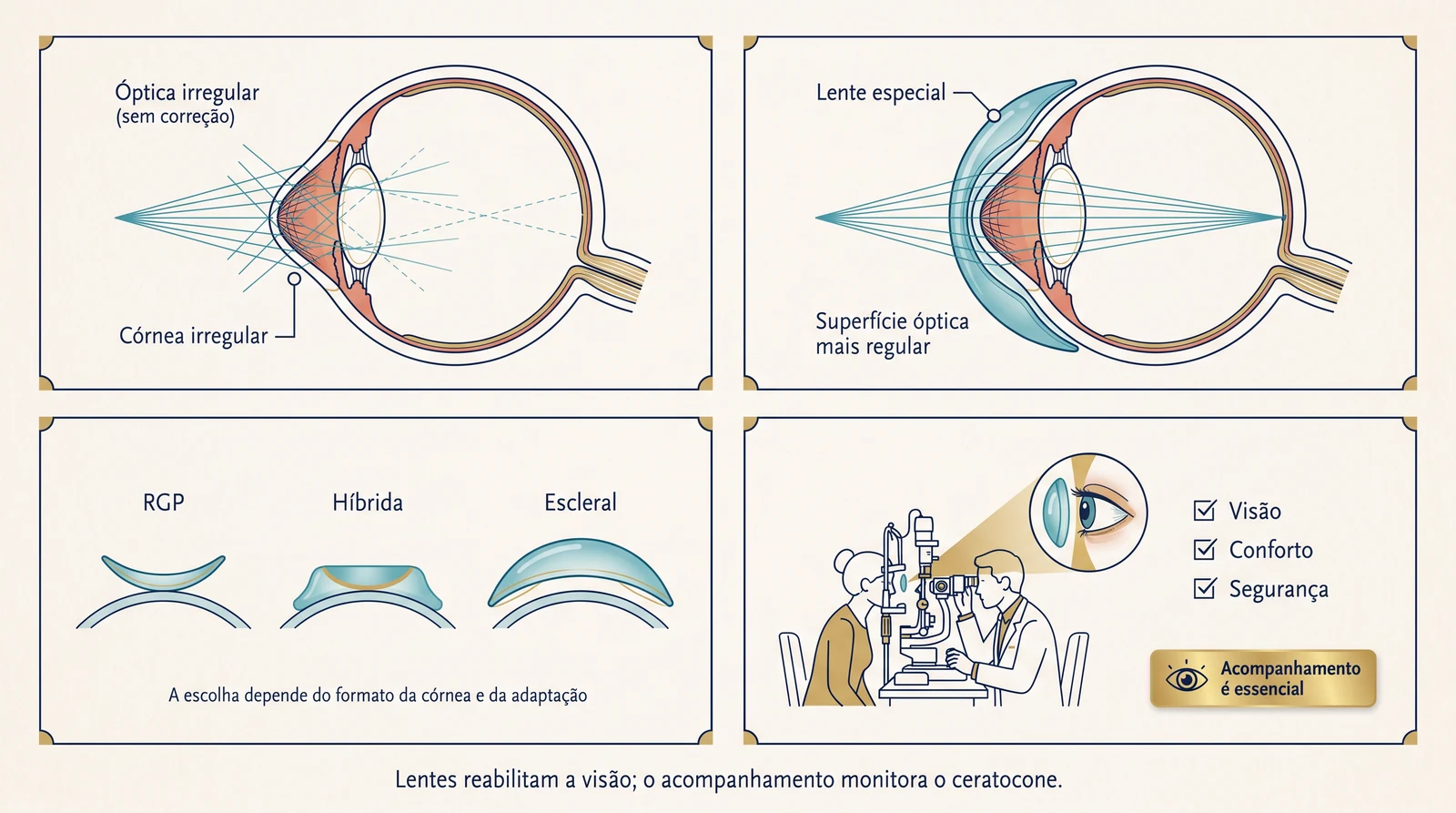 Prancha clínica sobre lentes para ceratocone: córnea irregular, lente especial, tipos de lentes e acompanhamento