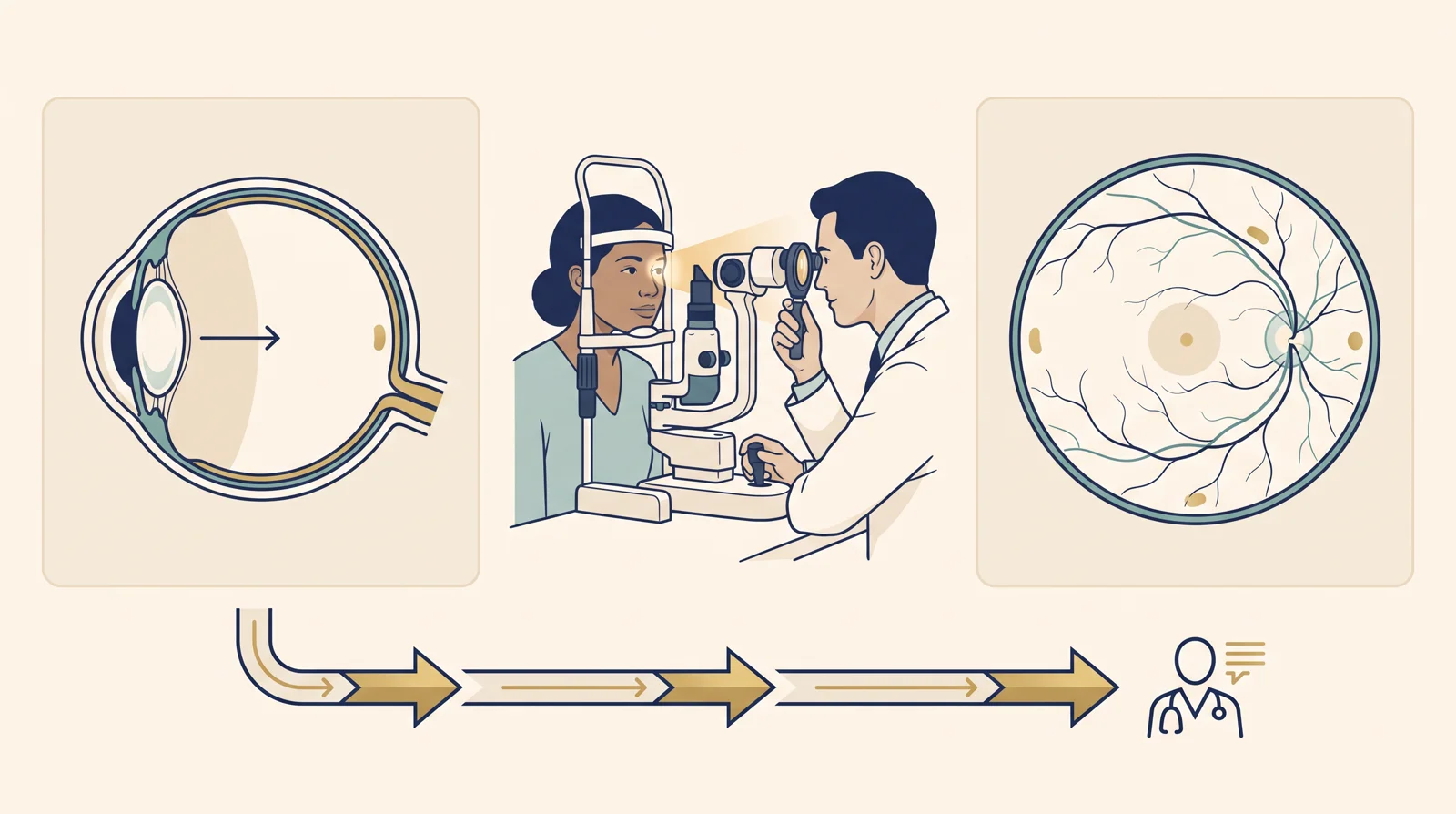Ilustração clínica do exame de retina após dilatação da pupila, destacando retina central e periferia