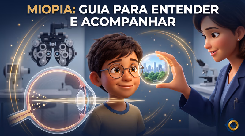 Capa ilustrativa do artigo "Miopia: causas, graus e como acompanhar a visão" sobre saúde ocular no blog da Drudi e Almeida Oftalmologia.