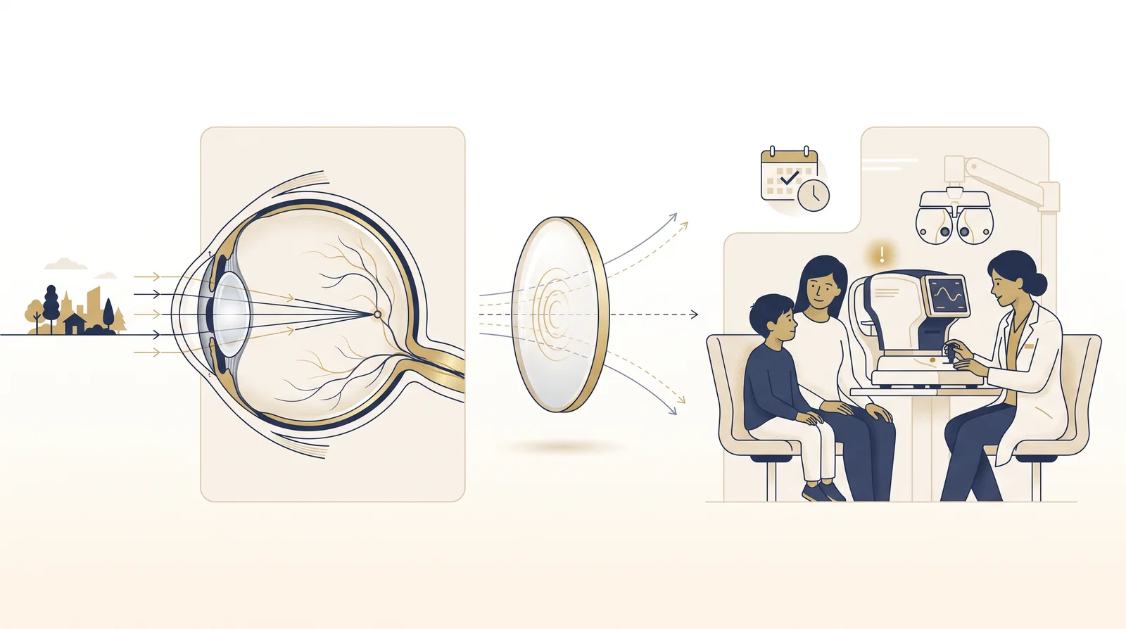 Prancha clínica sobre miopia mostrando o foco da luz antes da retina, lente corretiva e acompanhamento oftalmológico infantil
