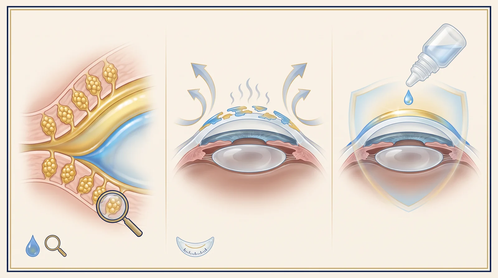 Prancha clínica que mostra glândulas de Meibômio, filme lacrimal instável e superfície ocular protegida