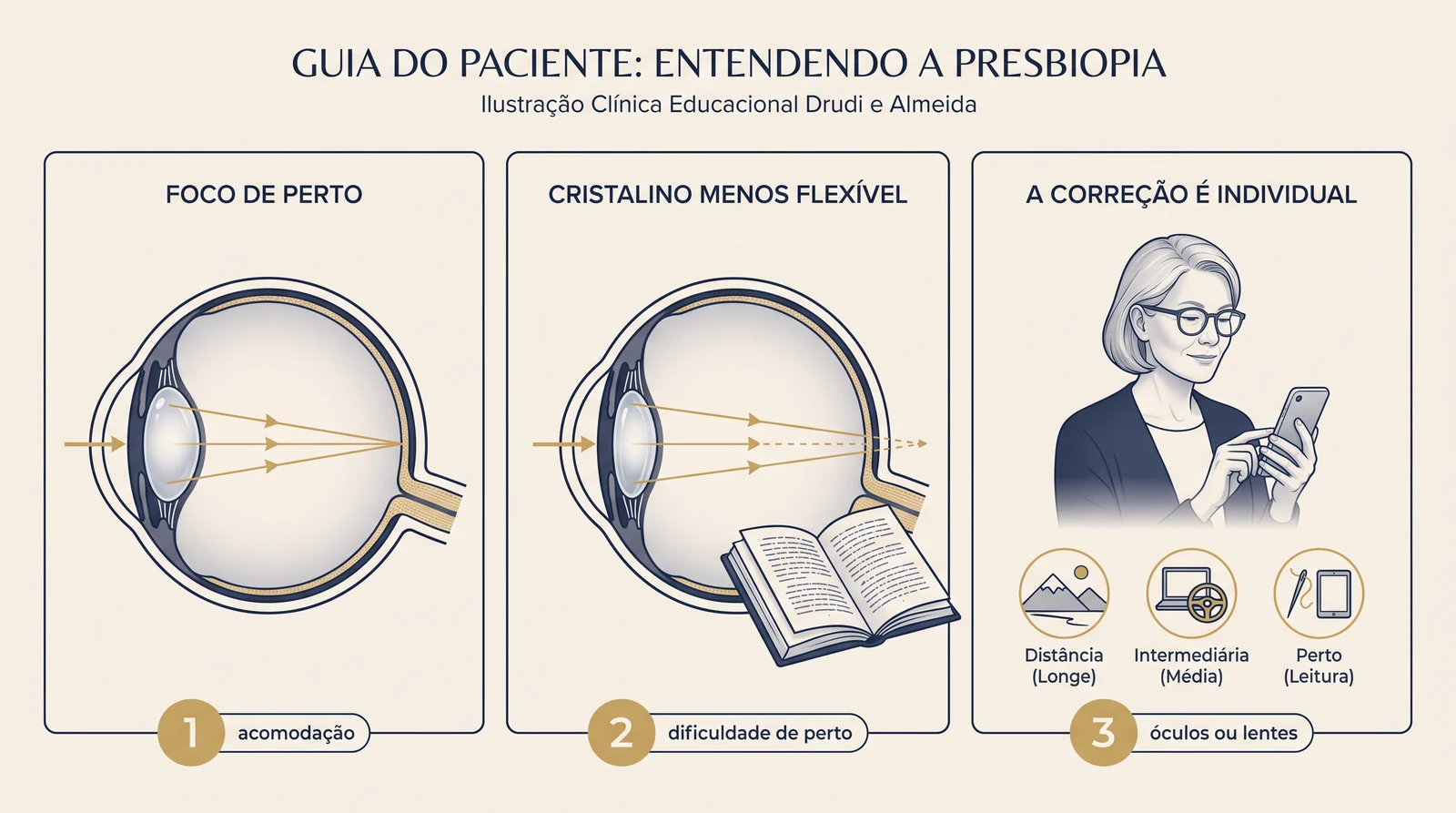 Prancha clínica sobre presbiopia mostrando foco de perto, cristalino menos flexível e correção individualizada