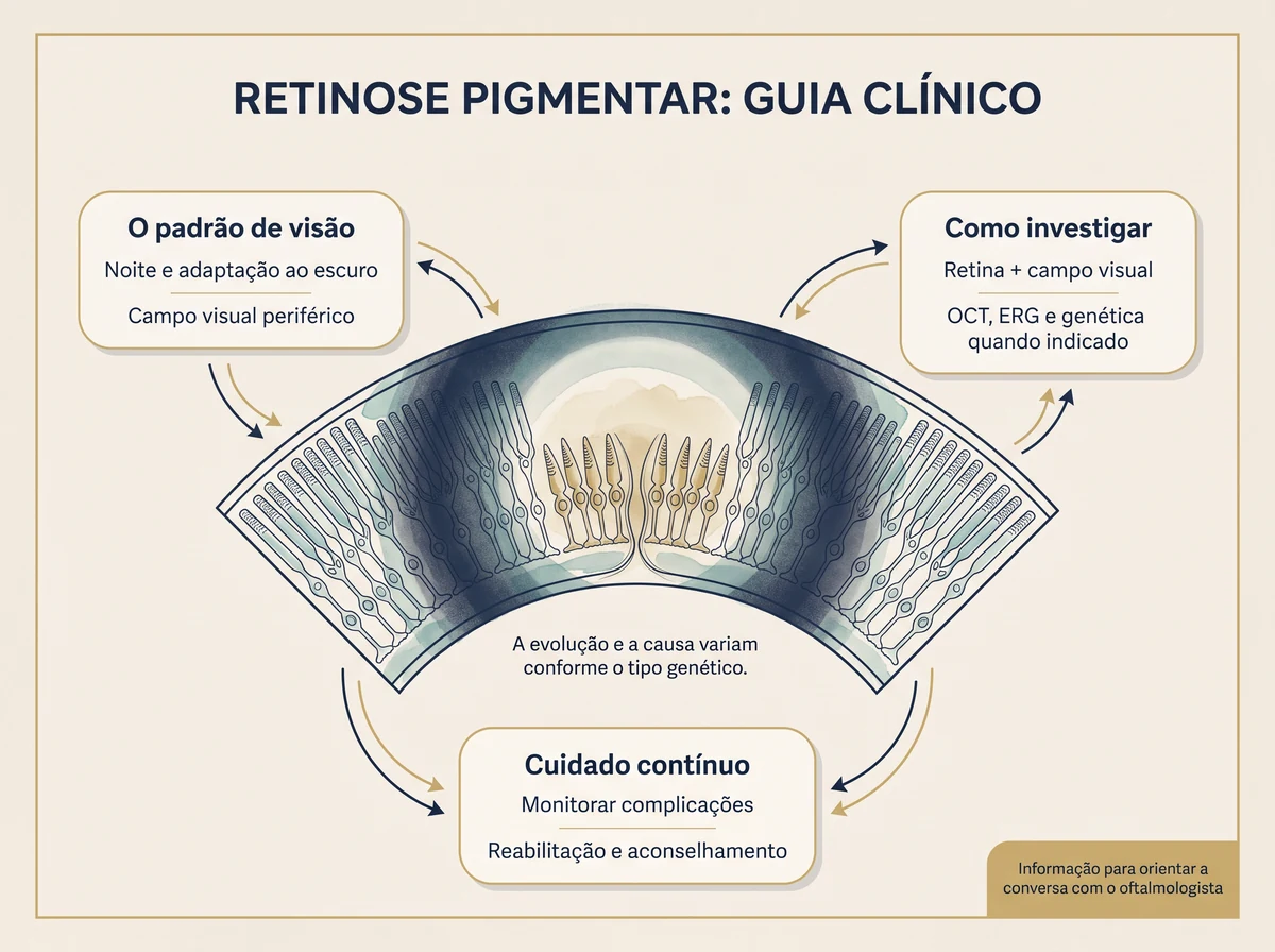 Prancha clínica com corte esquemático da retina e três áreas explicativas: padrão de visão, investigação e cuidado contínuo na retinose pigmentar.
