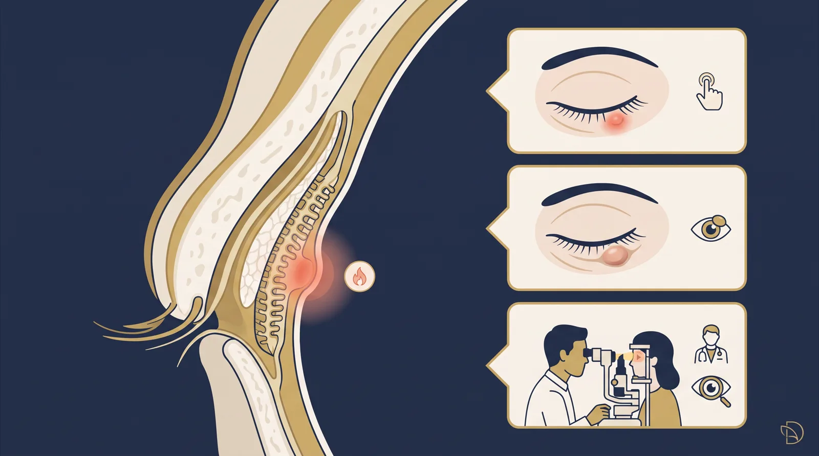 Prancha clínica com corte de pálpebra, comparação visual entre lesão próxima à margem e nódulo mais profundo, e profissional examinando o olho.