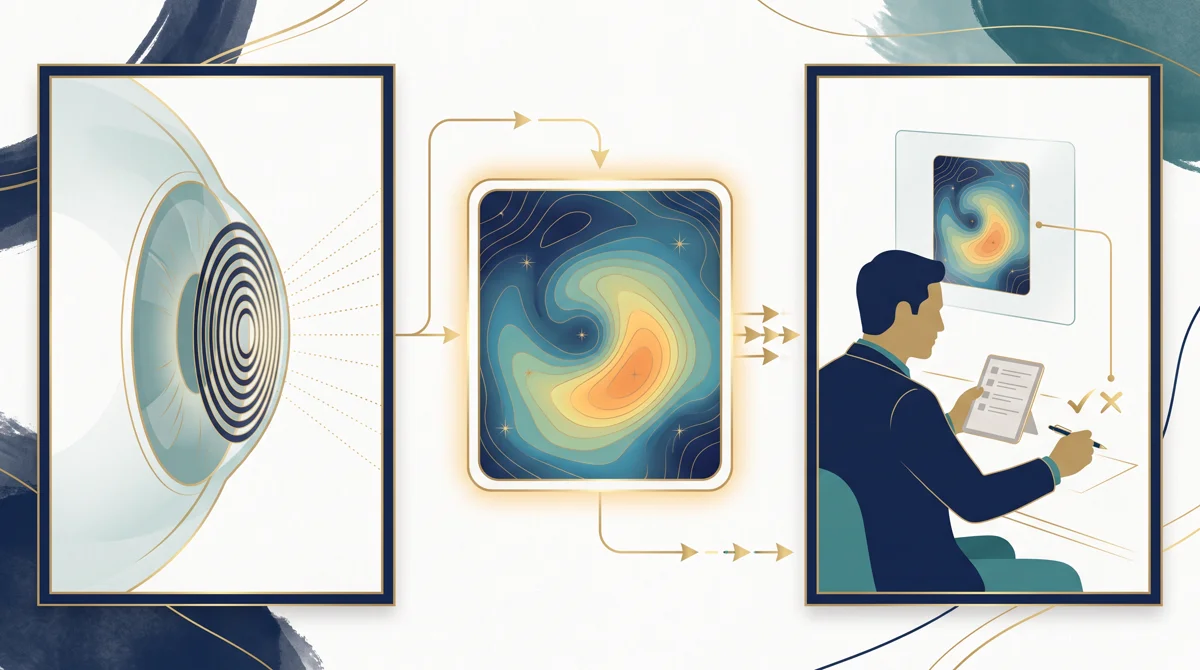 Ilustração do caminho entre a superfície corneana, o mapa de topografia e a avaliação médica pré-operatória