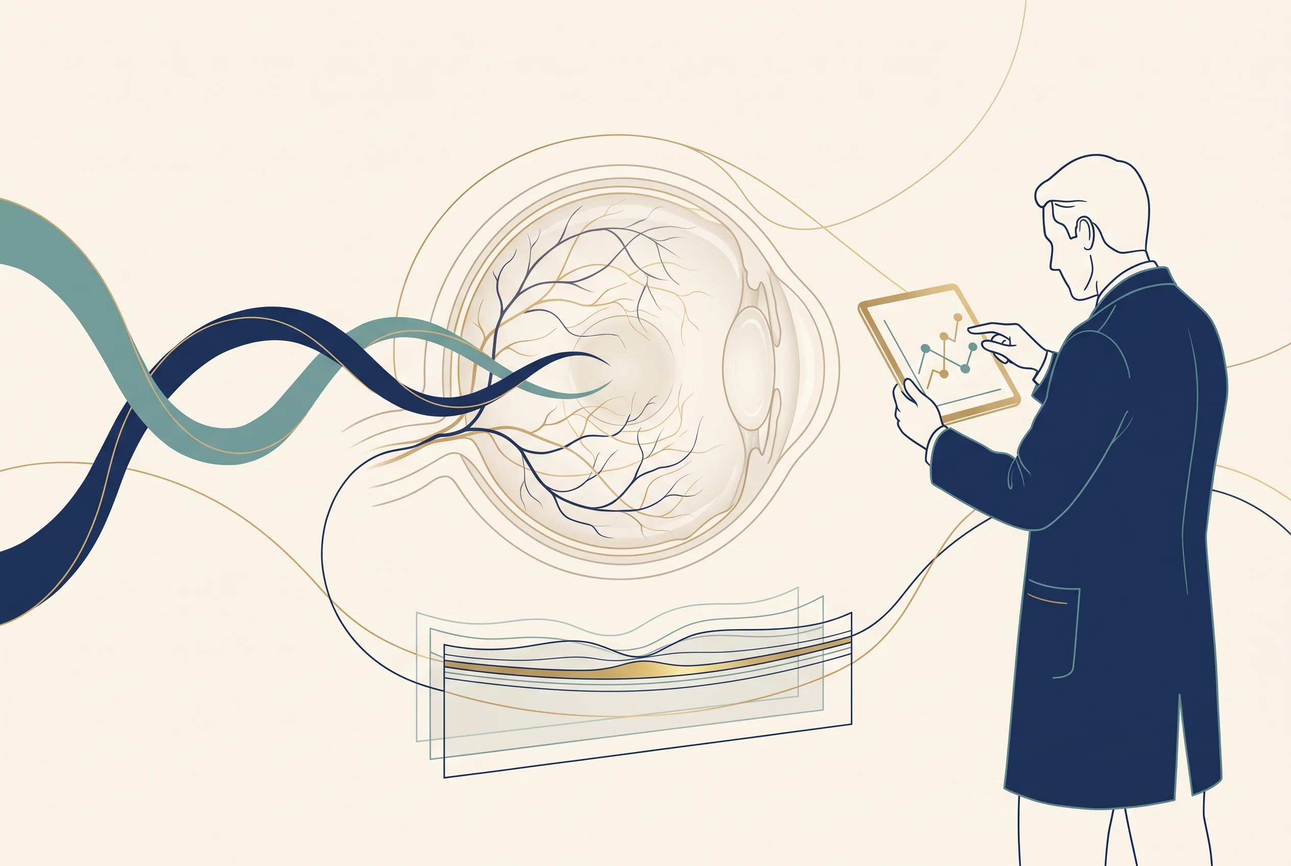Ilustração clínica de retina, OCT e decisão individualizada sobre injeções intravítreas