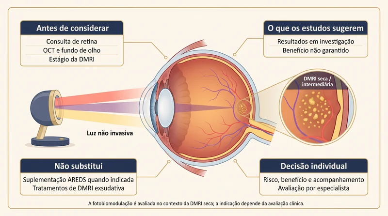 Prancha clínica sobre fotobiomodulação na DMRI seca, mostrando luz não invasiva dirigida ao olho, mácula com drusas, avaliação de retina, limites da evidência e decisão individual