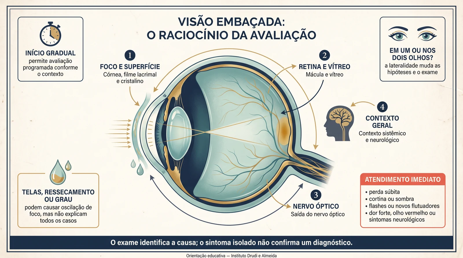 Prancha clínica explicativa de visão embaçada com corte anatômico do olho, estruturas avaliadas e sinais que indicam atendimento imediato