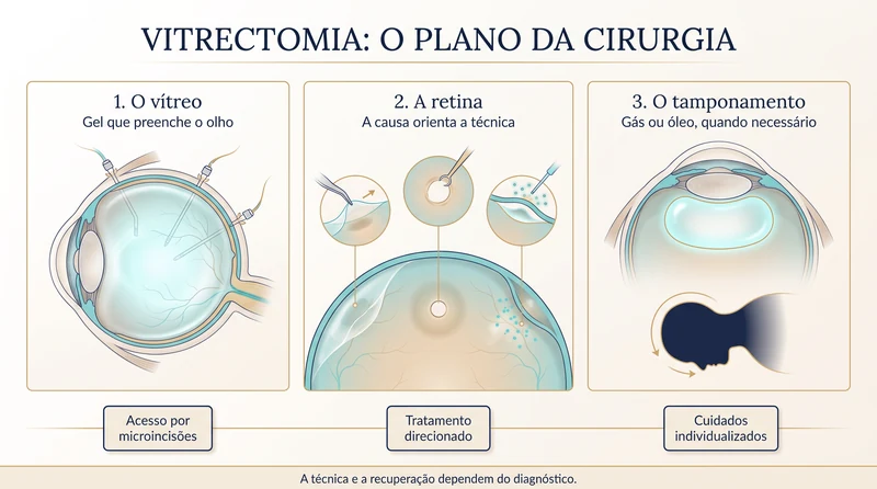 Prancha clínica em três painéis mostrando o vítreo, a retina e o possível uso de tamponamento na vitrectomia.