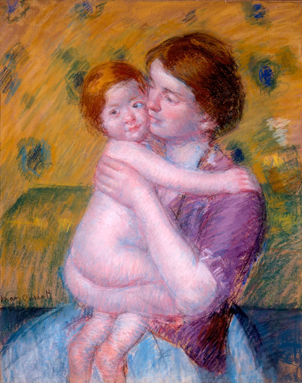 Mary Cassatt — Mother and Child (pastel, 1909–1914), obra da fase da catarata com contornos suavizados e cores lavadas