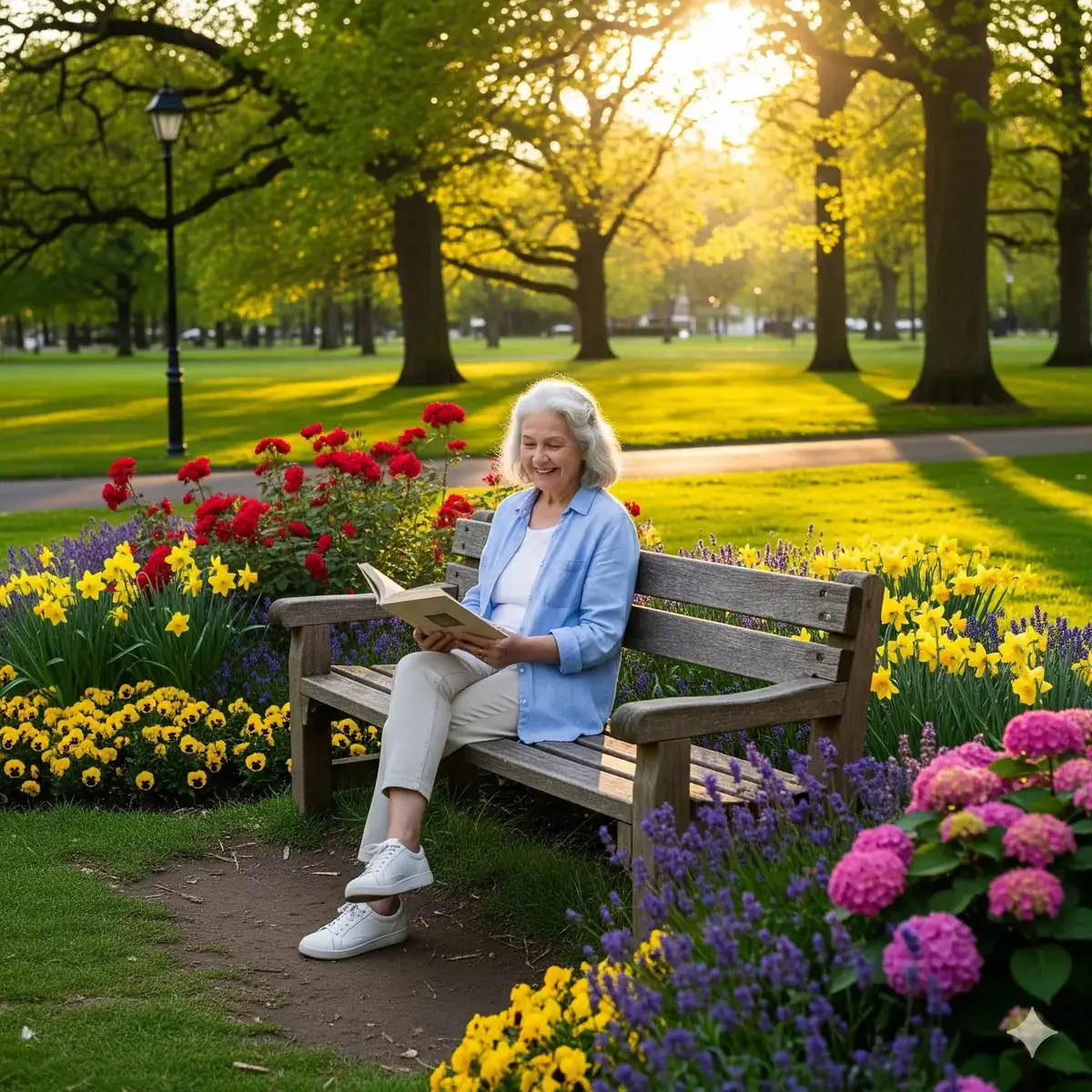 Pessoa feliz lendo no parque após recuperação da visão
