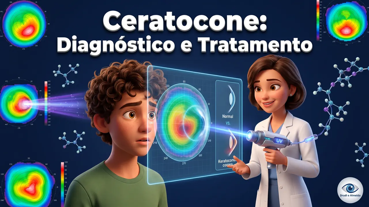 Capa do vídeo: ilustração com o título Ceratocone: diagnóstico e tratamento, uma personagem de jaleco branco e um adolescente diante de um mapa colorido da córnea