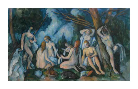 Paul Cézanne, As grandes banhistas: onze figuras nuas num bosque, sob árvores que se inclinam para o centro, em tons de azul, ocre e verde.