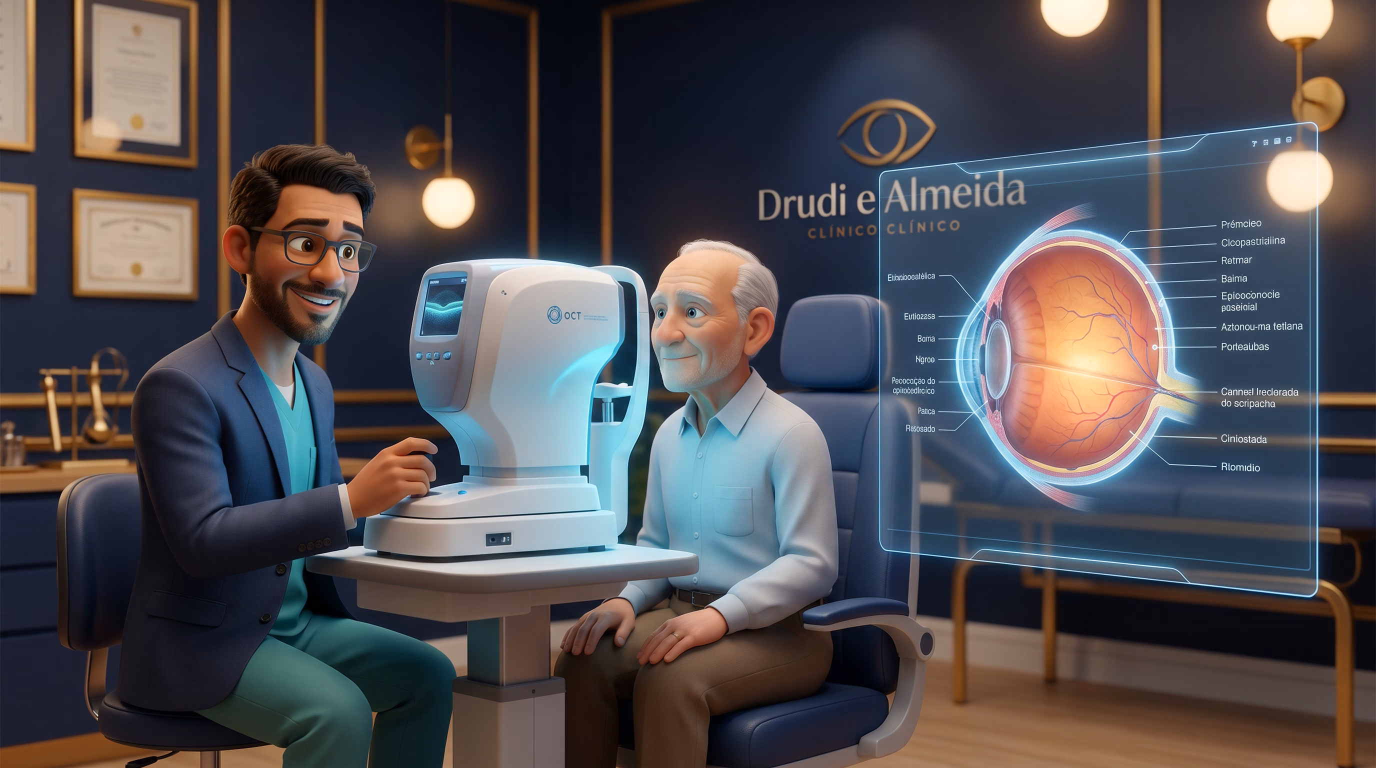 Médico realizando exame OCT de retina em paciente diabético no Instituto Drudi e Almeida