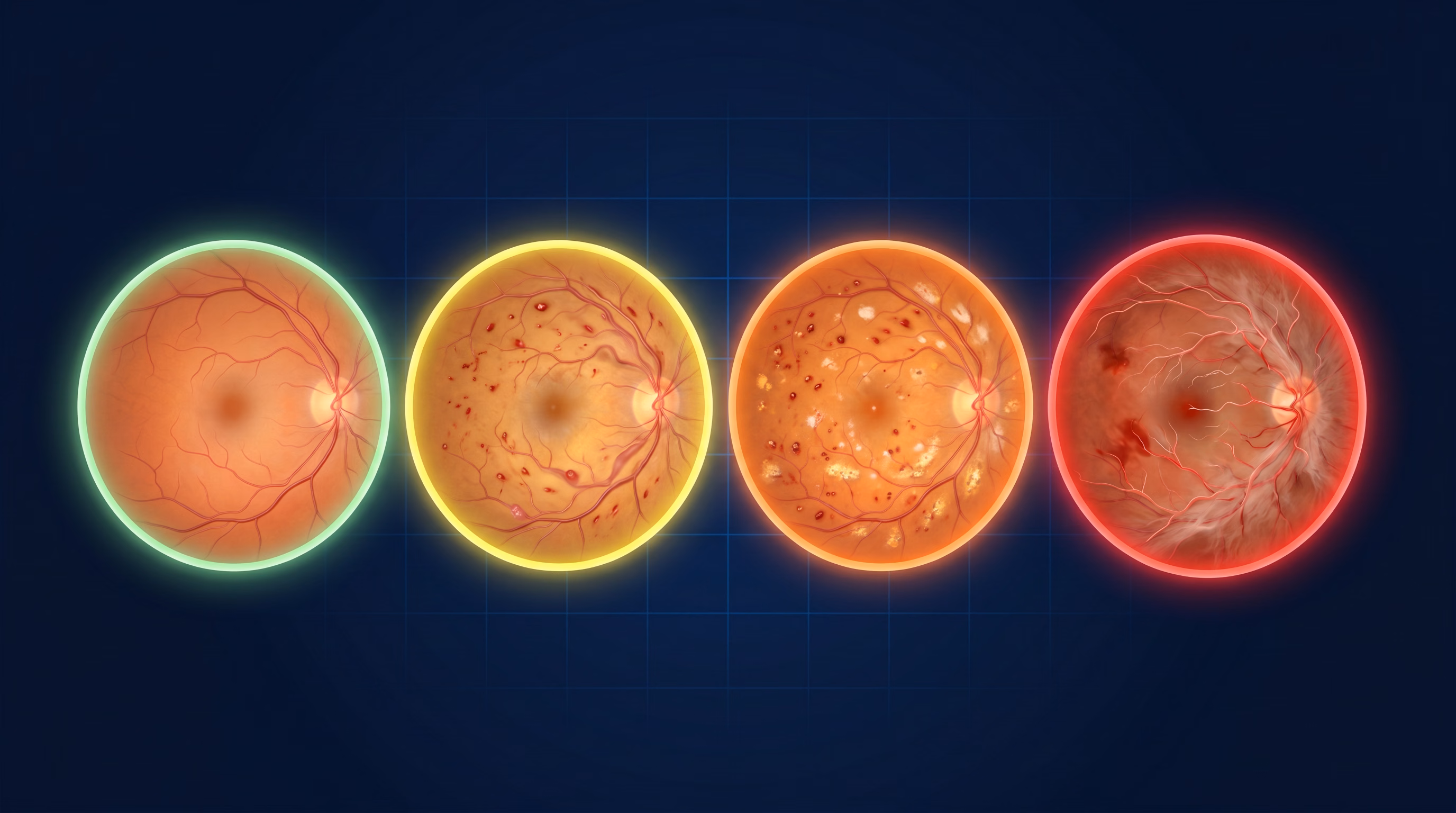 Quatro estágios da retinopatia diabética: leve (verde), moderada (amarelo), grave (laranja) e proliferativa (vermelho)