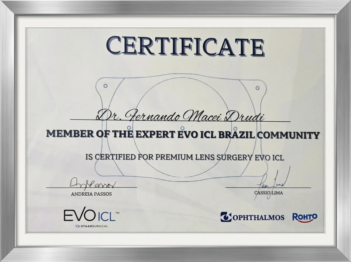 Certificado do Dr. Fernando Macei Drudi como membro da comunidade Expert EVO ICL Brazil, certificado para a cirurgia de implante da lente EVO ICL