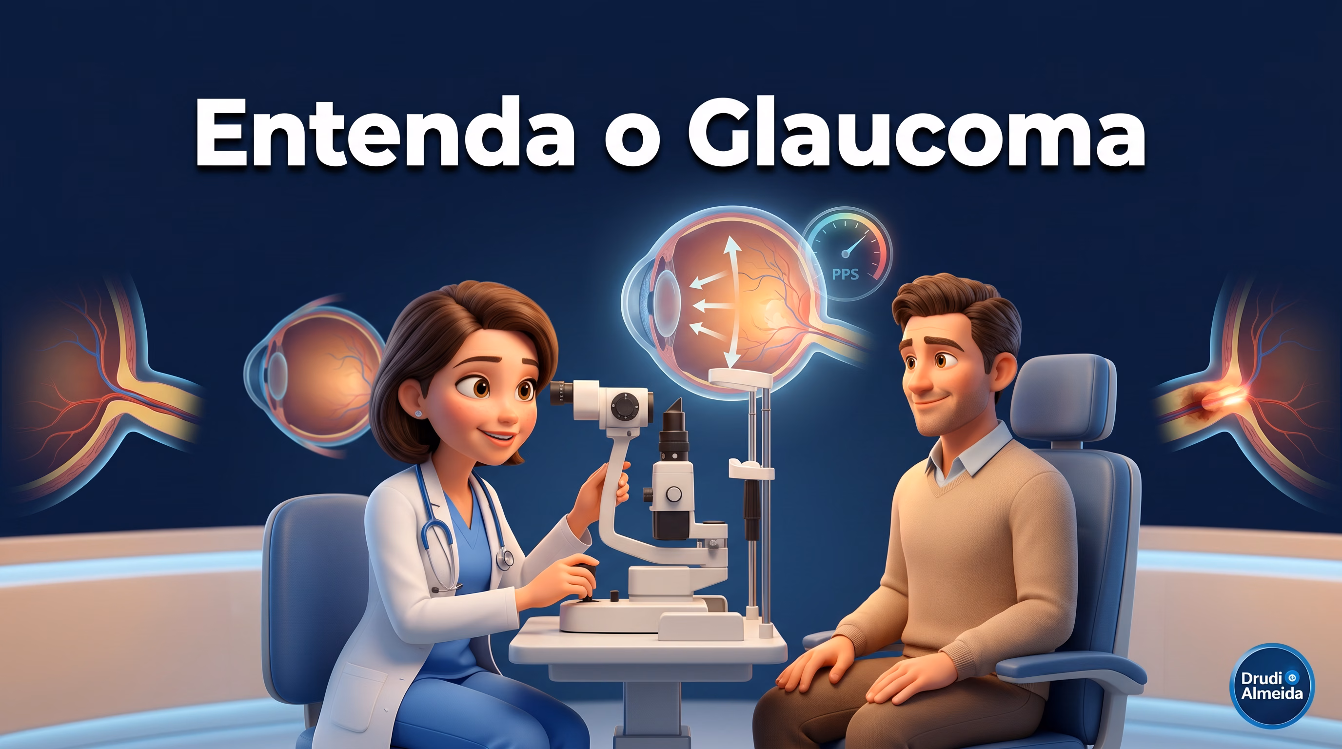Tonometria de aplanação de Goldmann — medida da pressão intraocular com luz azul fluorescente