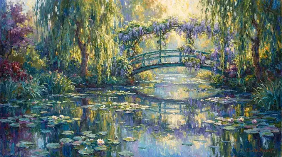 Ponte japonesa de Monet — visão artística com catarata, Drudi e Almeida