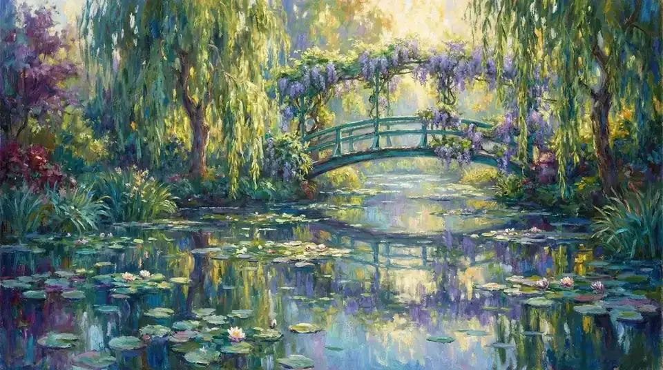 Jardim com ponte japonesa e lago de ninfeias, imagem inspirada em Monet