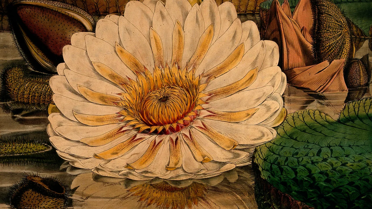 Capa do vídeo: ilustração colorida da vitória-régia, a planta aquática da Amazônia, com a flor aberta e as folhas redondas