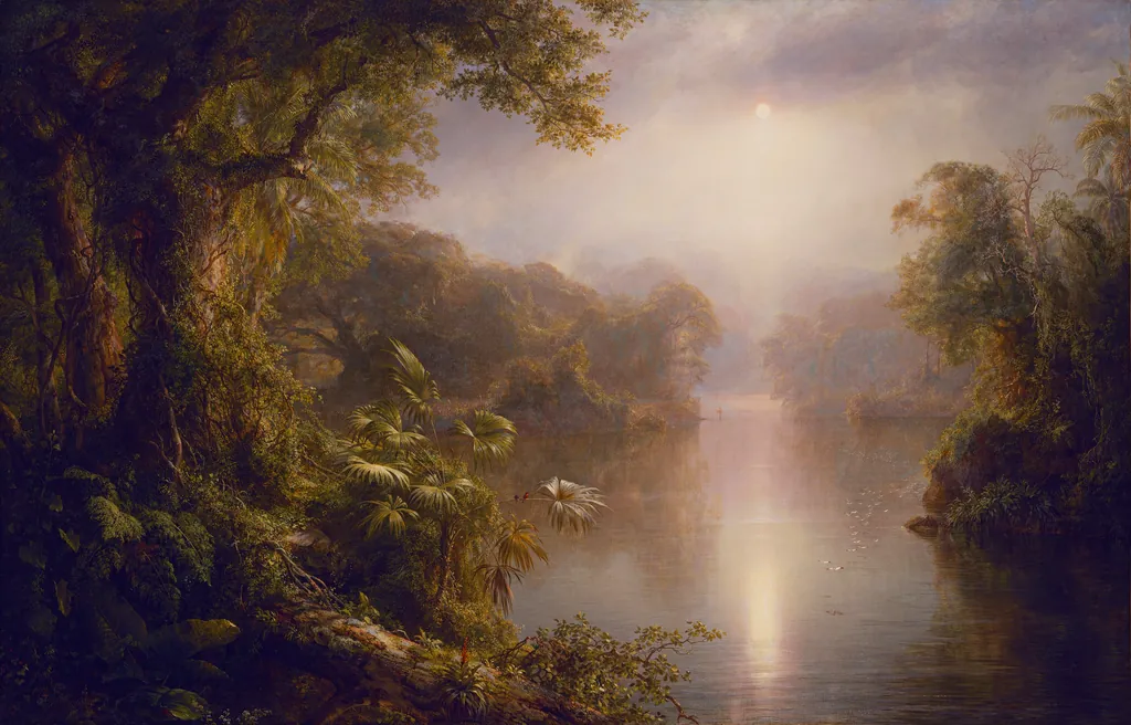 Pintura de Frederic Edwin Church: um rio tropical entre árvores altas, palmeiras e cipós, com a luz do sol refletida na água ao centro