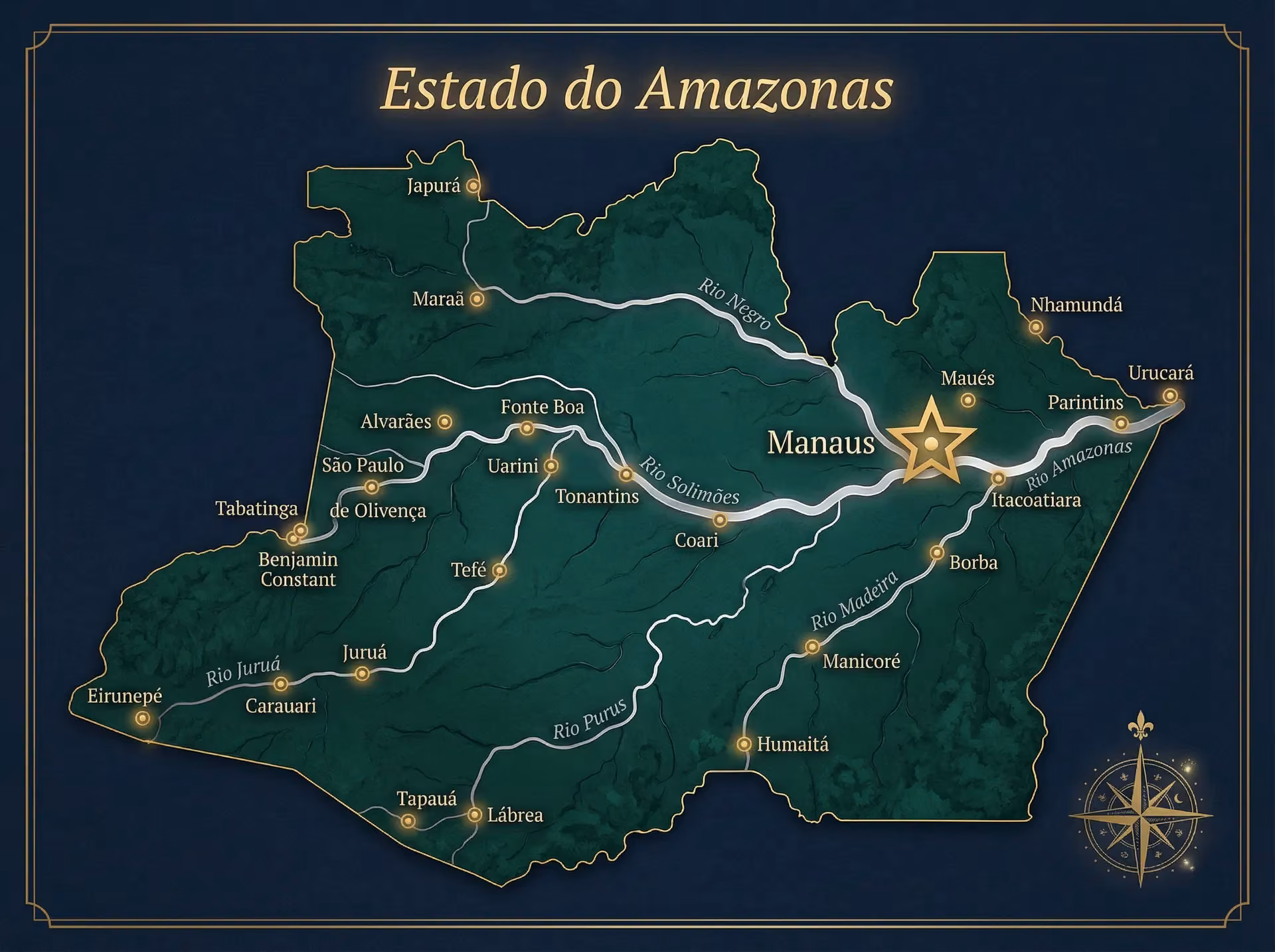 Mapa artístico do estado do Amazonas com os 25 municípios atendidos pelo projeto Oftalmologia Humanitária marcados com pinpoints dourados