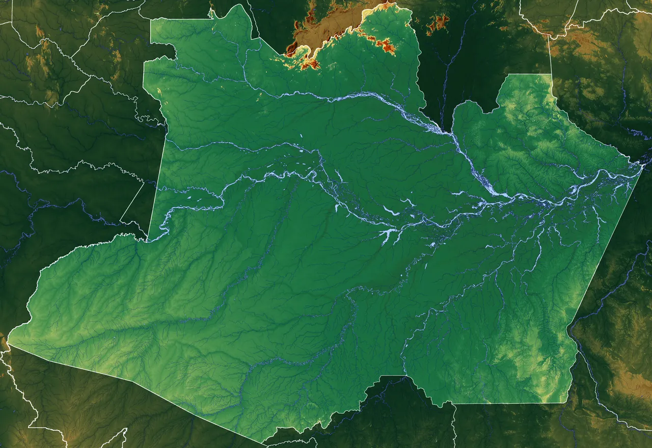Mapa de relevo do estado do Amazonas, com a floresta em verde e os rios em azul