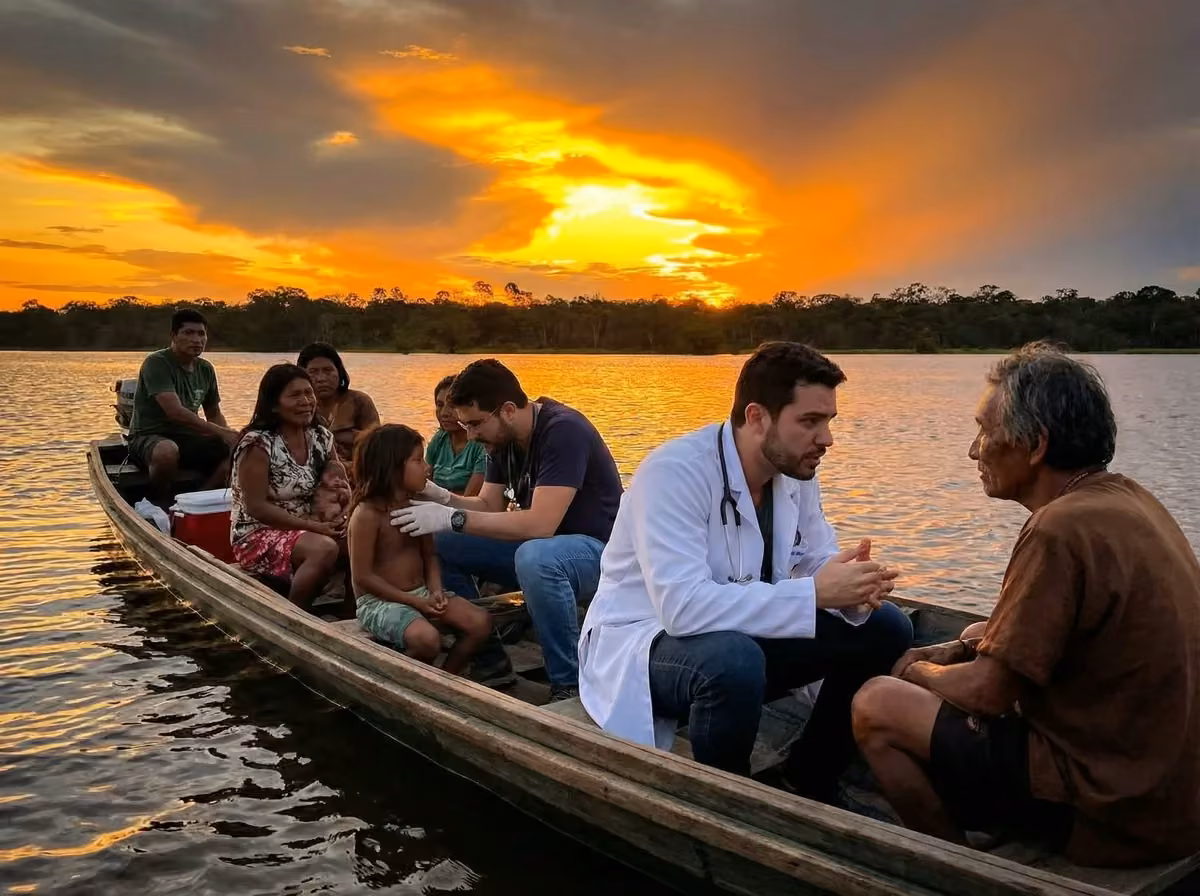 Pôr do sol no rio Amazonas durante retorno de expedição médica