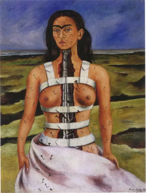 Frida Kahlo, A coluna partida, 1944: autorretrato com o tronco aberto mostrando uma coluna de pedra quebrada, preso por um colete, com lágrimas no rosto.