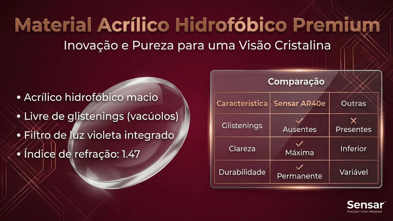 Design óptico da AR40e: material acrílico hidrofóbico com design esférico para alta confiabilidade.