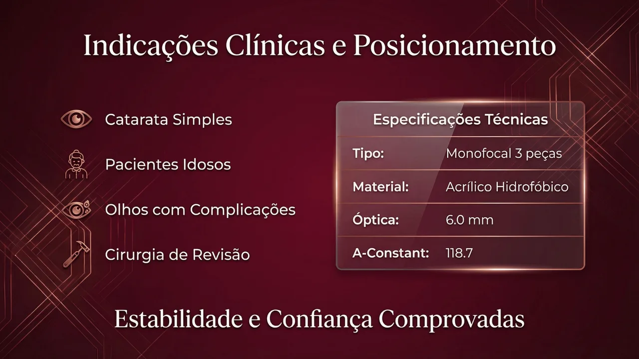 Especificações técnicas da AR40e: faixa de potência +5,0 a +34,0 D e design de 3 peças.