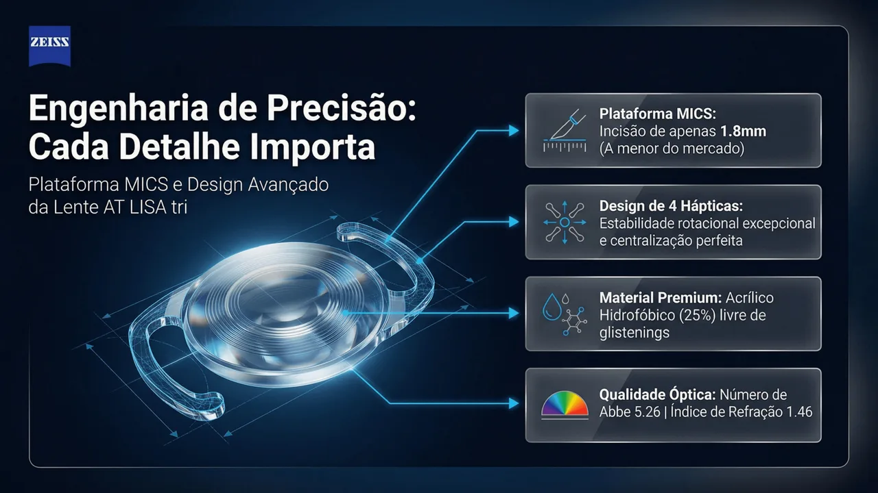 Design óptico da AT LISA: material acrílico hidrofílico com superfície hidrofóbica e adição de +3,75 D.