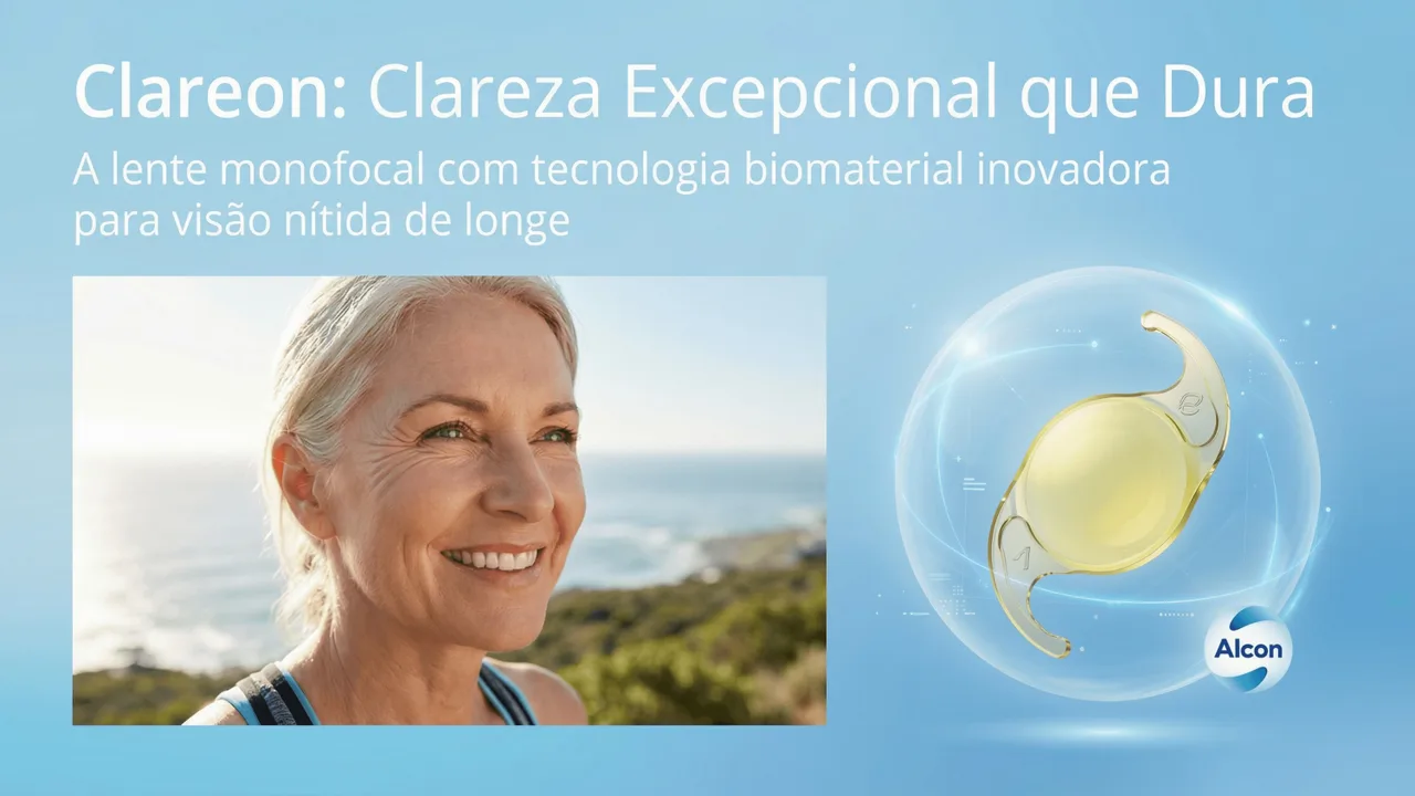 Clareon: Clareza Excepcional que Dura. Lente monofocal premium da Alcon com biomaterial inovador para visão nítida de longe.