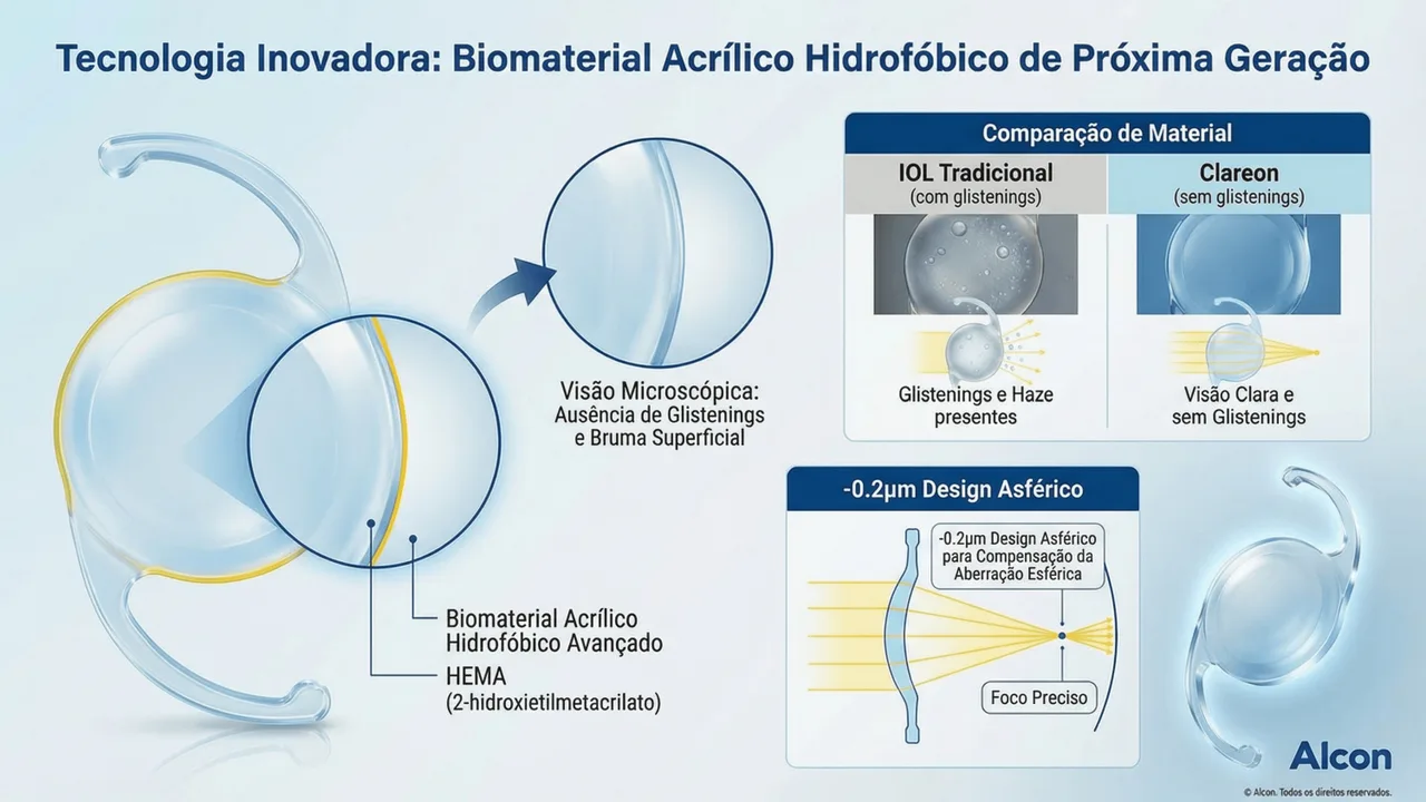 Tecnologia do Clareon: biomaterial acrílico hidrofóbico avançado sem glistenings e design asférico -0.2μm para foco preciso.
