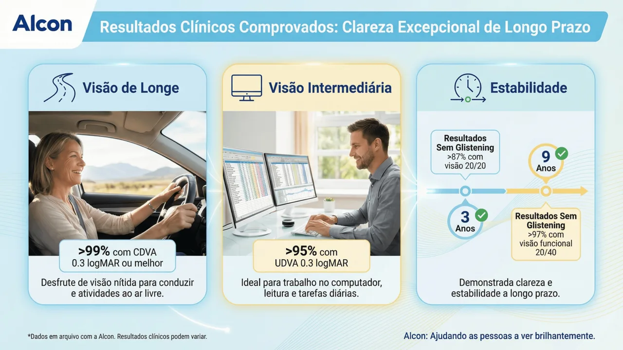 Resultados clínicos do Clareon: >99% com CDVA 0.3 logMAR e >95% com UDVA 0.3 logMAR. 9 anos sem glistening comprovado.