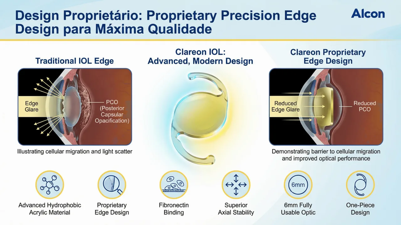 Design Precision Edge do Clareon: redução de PCO e edge glare com design proprietário de borda quadrada.