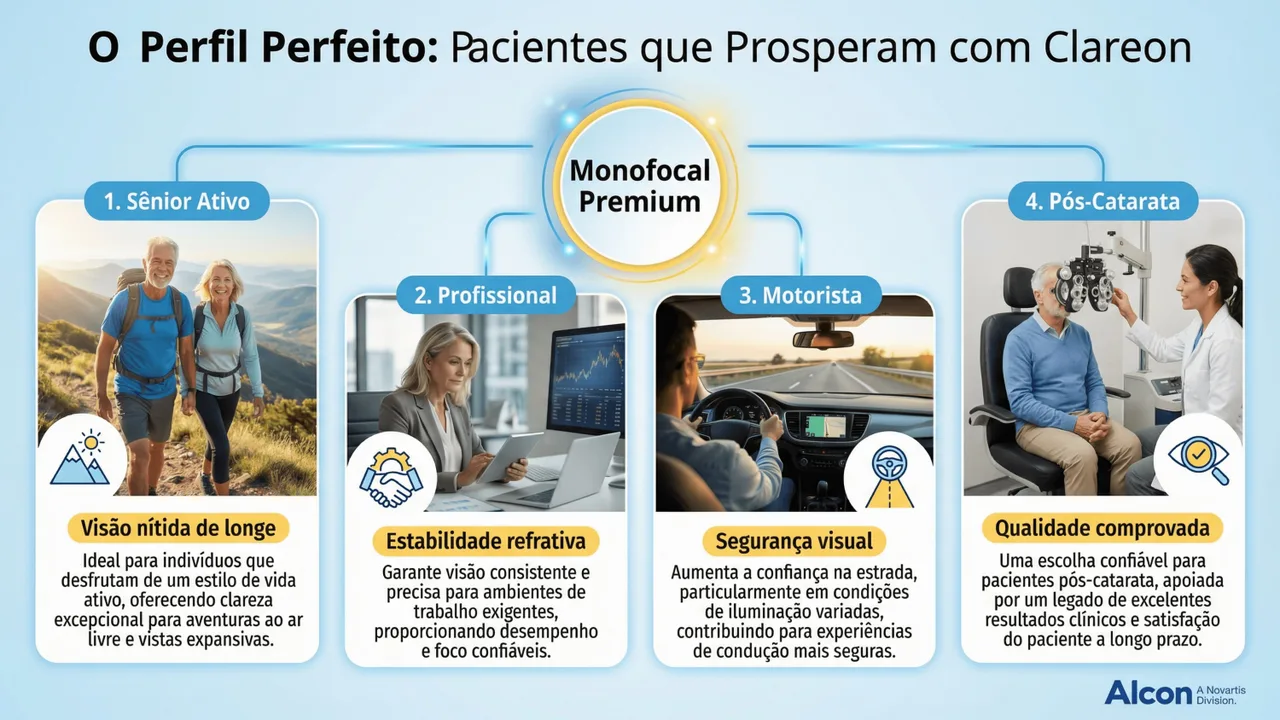 Perfil do paciente ideal para Clareon: sênior ativo, profissional, motorista e pacientes pós-catarata.