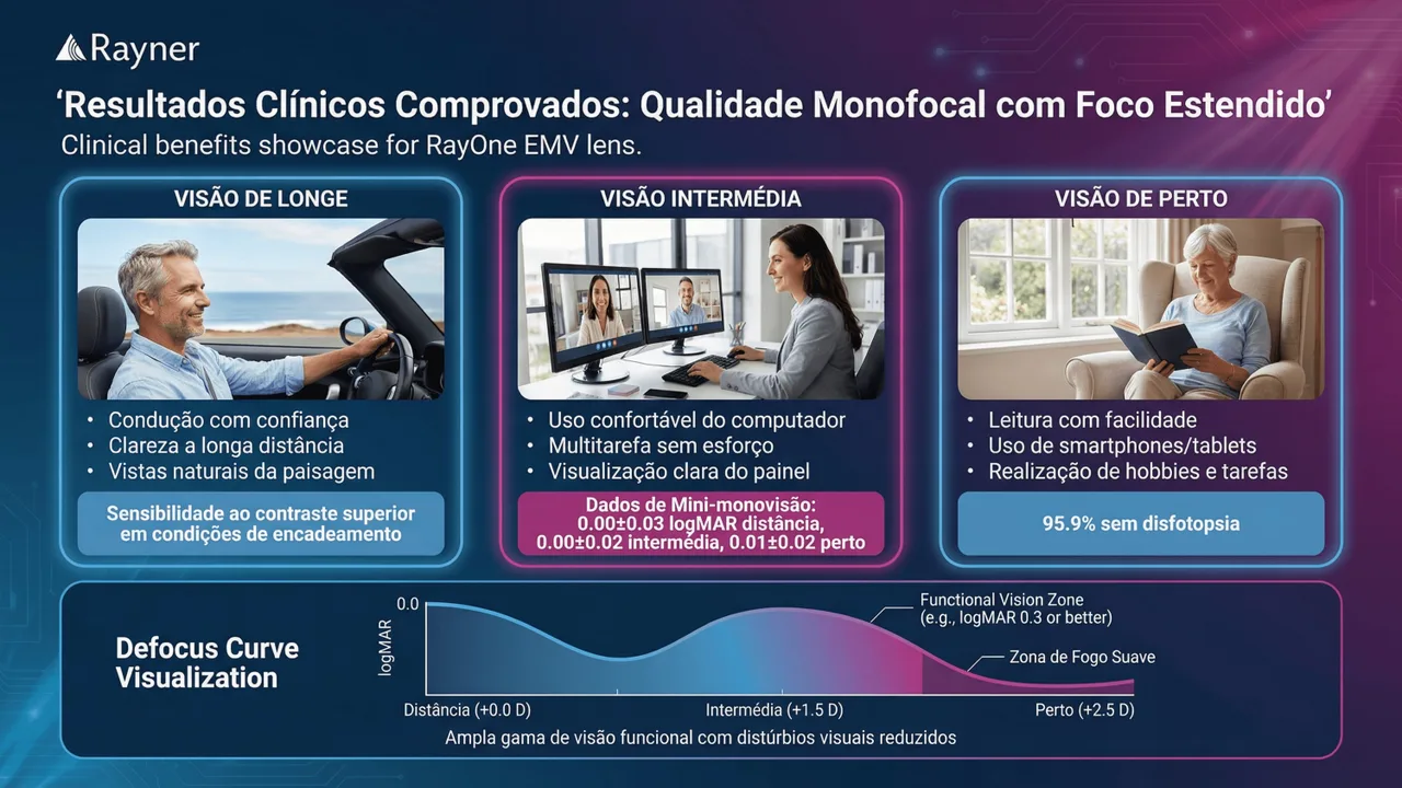 Resultados clínicos da EMV: boa visão intermediária com qualidade de visão noturna similar à monofocal convencional.