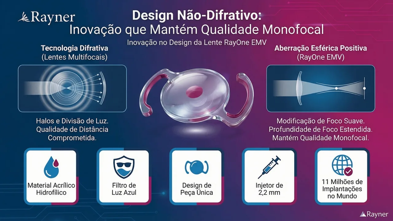 Design óptico da EMV: material acrílico hidrofílico com superfície hidrofóbica e injetor pré-carregado.