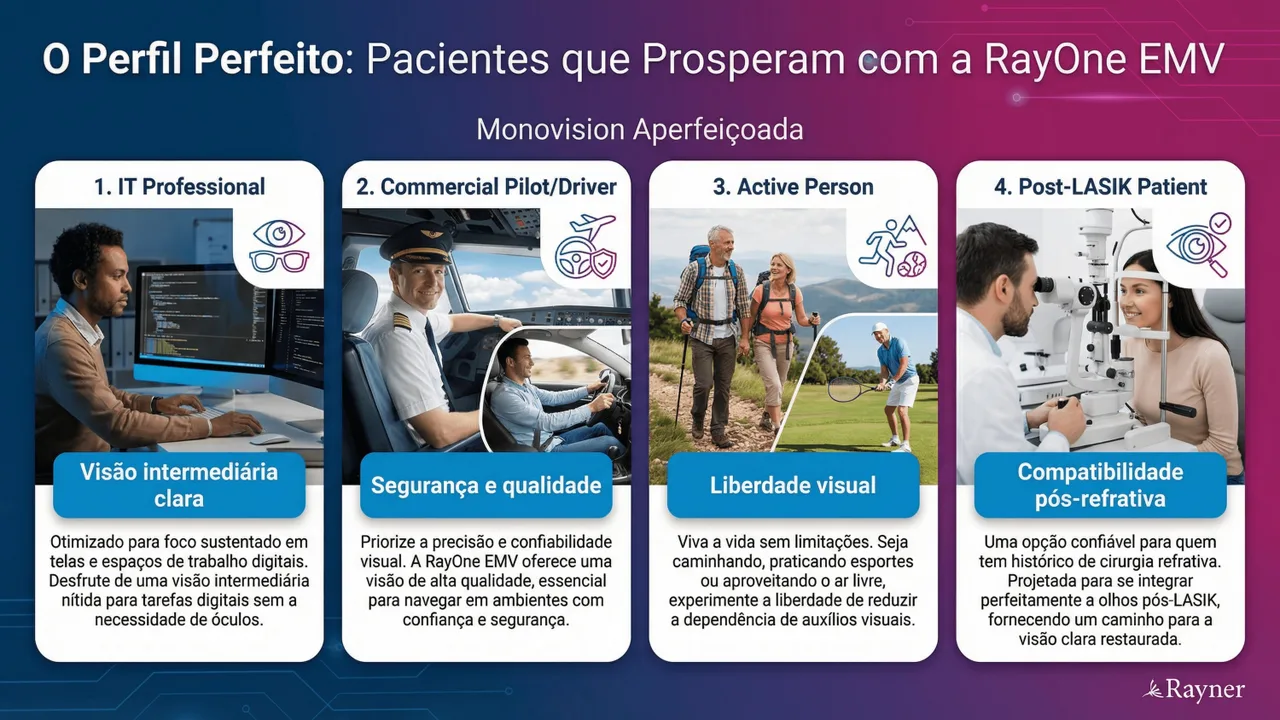 Perfil do paciente ideal para EMV: pacientes que desejam monofocal com melhor visão intermediária.