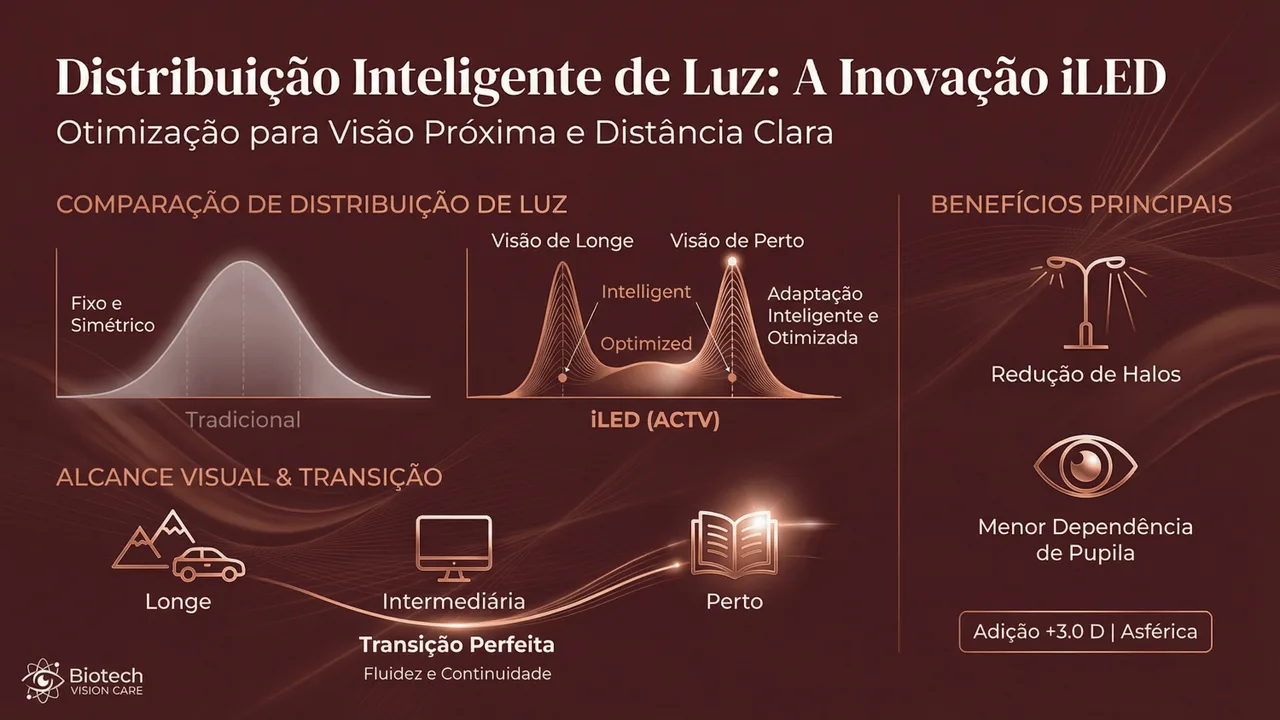 Tecnologia iLED da Eyecryl ACTV: distribuição inteligente de luz entre os focos para visão multifocal com mínima perda de contraste.