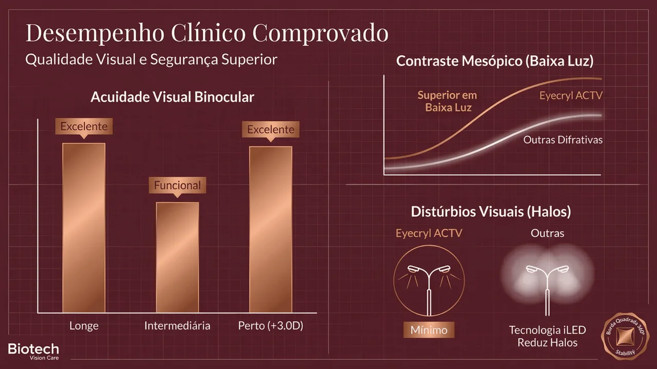 Design óptico da Eyecryl ACTV: design difrativo-refrativo asférico com injetor pré-carregado para implante seguro.