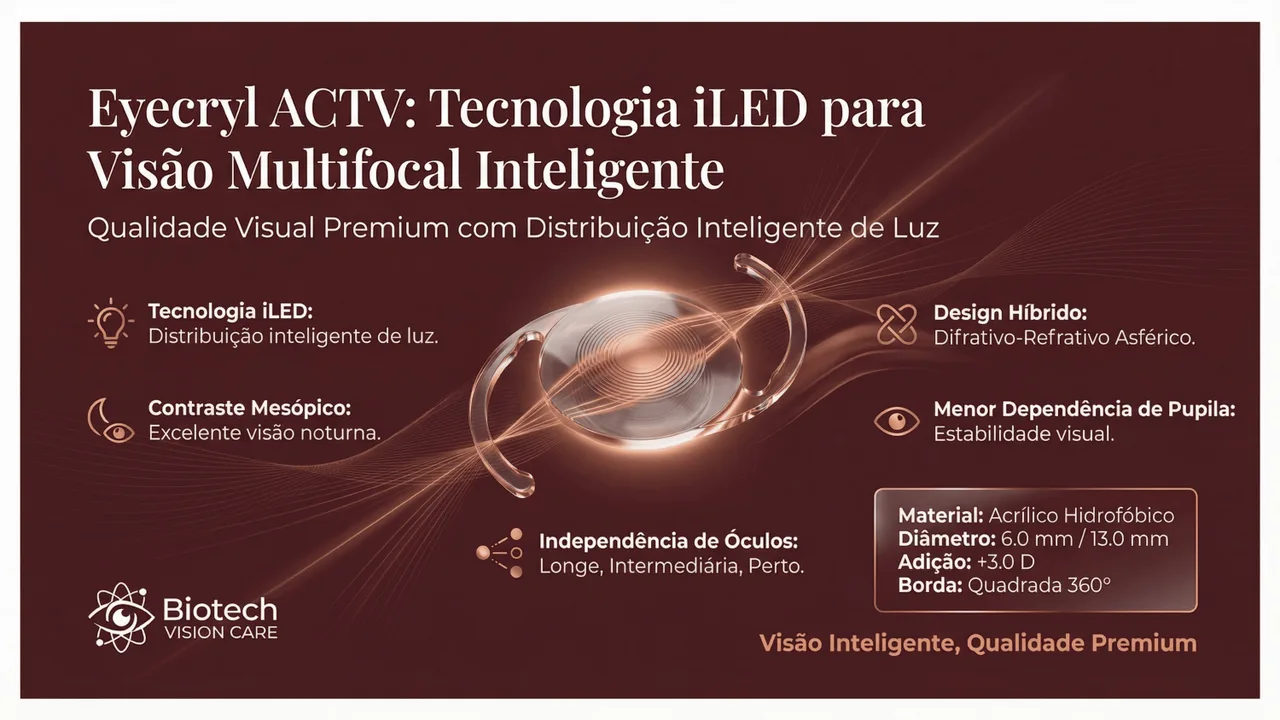 Especificações técnicas da Eyecryl ACTV: faixa de potência +10,0 a +30,0 D.