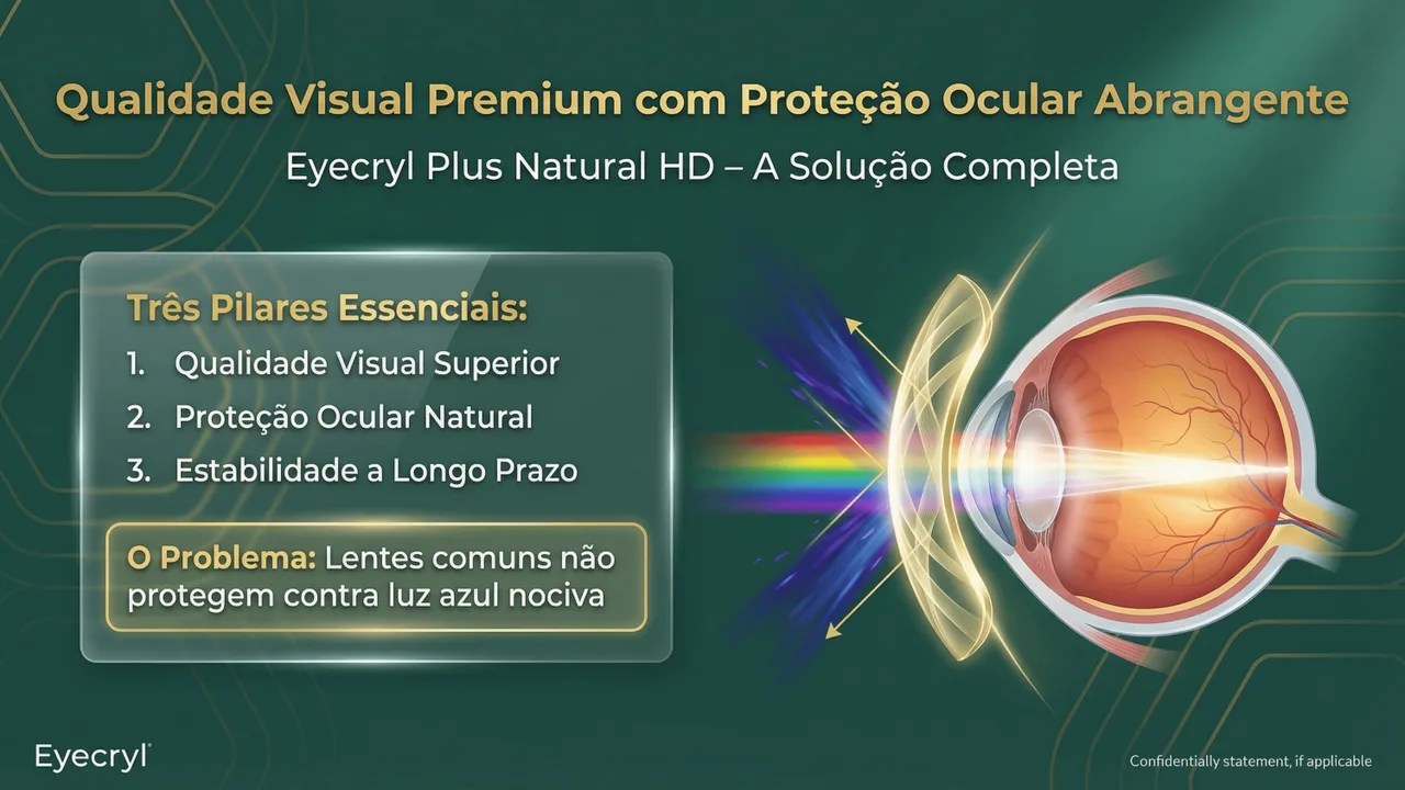 Tecnologia do Eyecryl Plus Natural HD: filtro de luz azul natural para proteção retiniana sem alteração de percepção de cores.