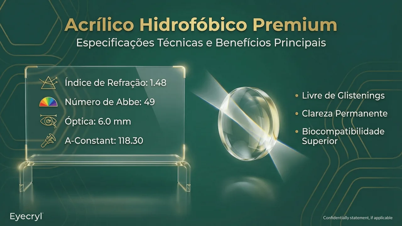 Design óptico do Eyecryl Plus Natural HD: material acrílico hidrofóbico com design asférico HD e borda quadrada.